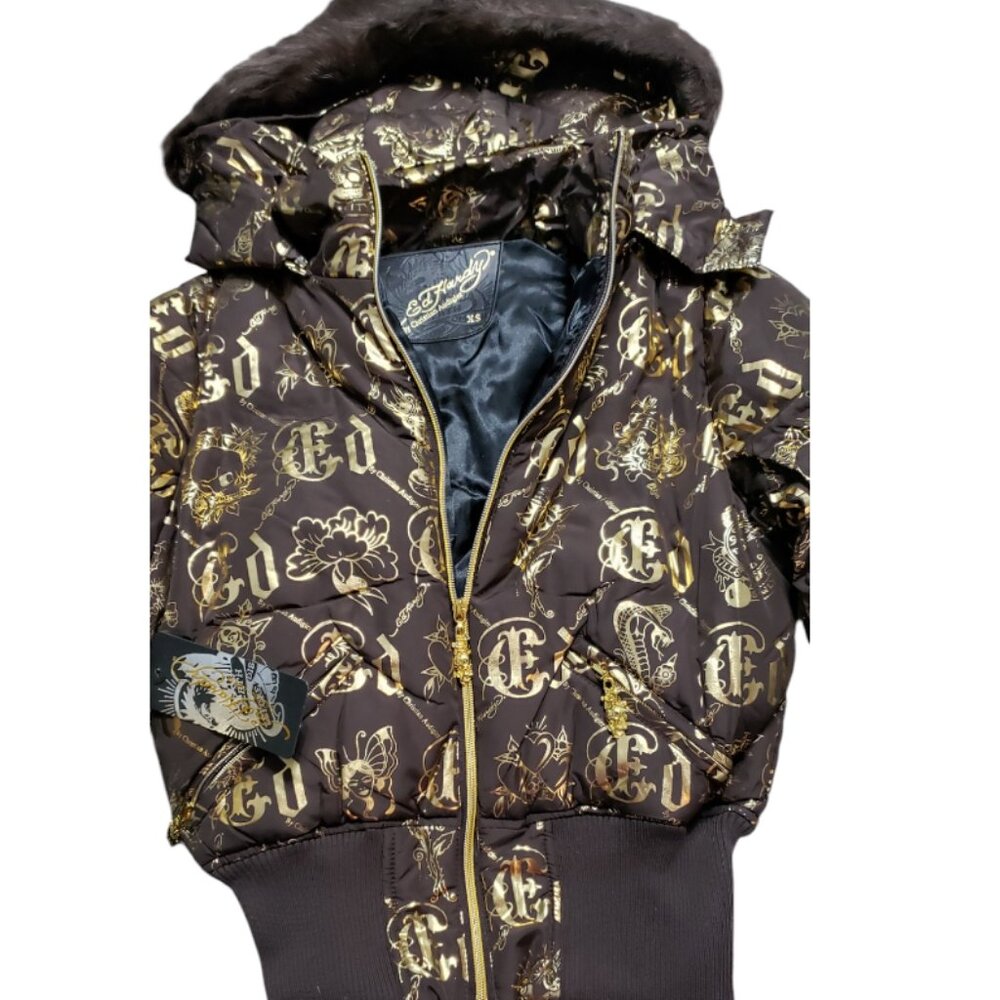 NWT Ed Hardy by Christian Audigier Brown Puffer Jacket XS